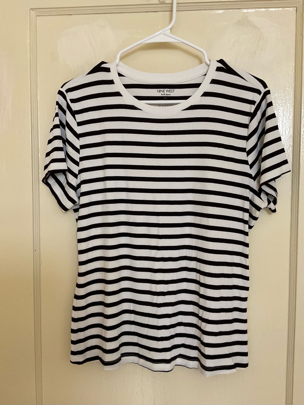 Nine West White and Black Striped Short Sleeve Tee